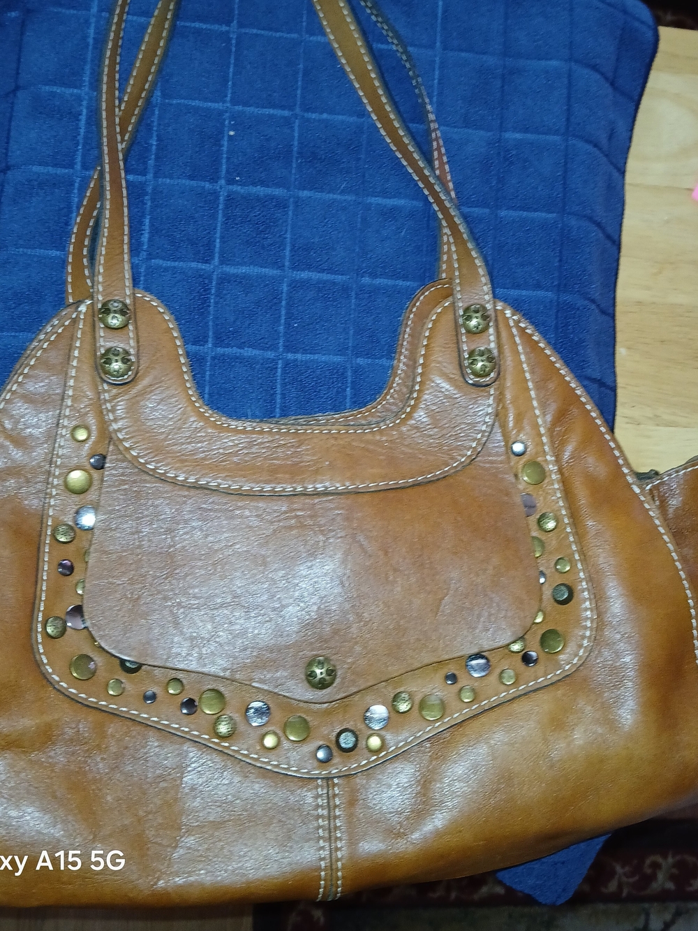 👜 Patricia Nash Cognac Brown Italian Leather Studded Satchel Shoulder Bag